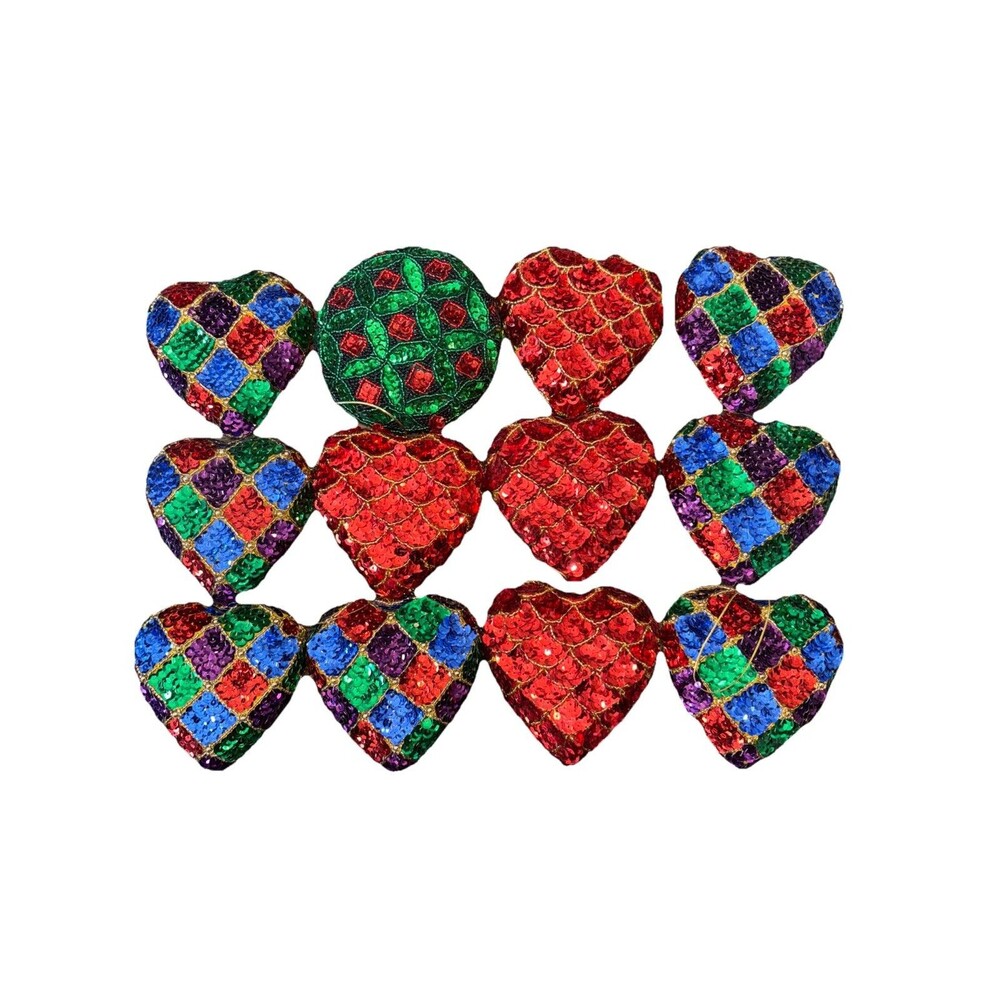 12 Heart Shaped Multicolored Beaded Sequin Christmas Ornament String Hanger
